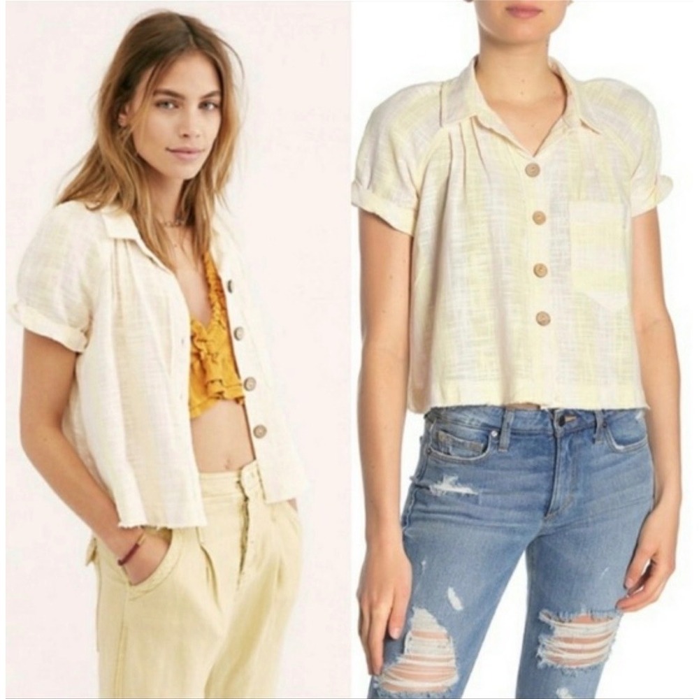 Free People- Light Yellow & Pink Short-Sleeve Button Front Crop Shirt - Women